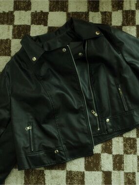 SHEIN Black Faux Leather Moto Jacket with Silver Hardware